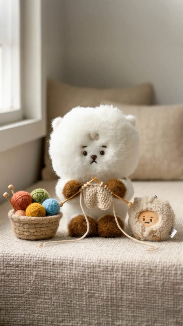 260107 Line Friends Square on Instagram: 💭 (rustle, rustle...) RJ is all fluffed up for winter and busy making gifts that look just like his friends! 🧶