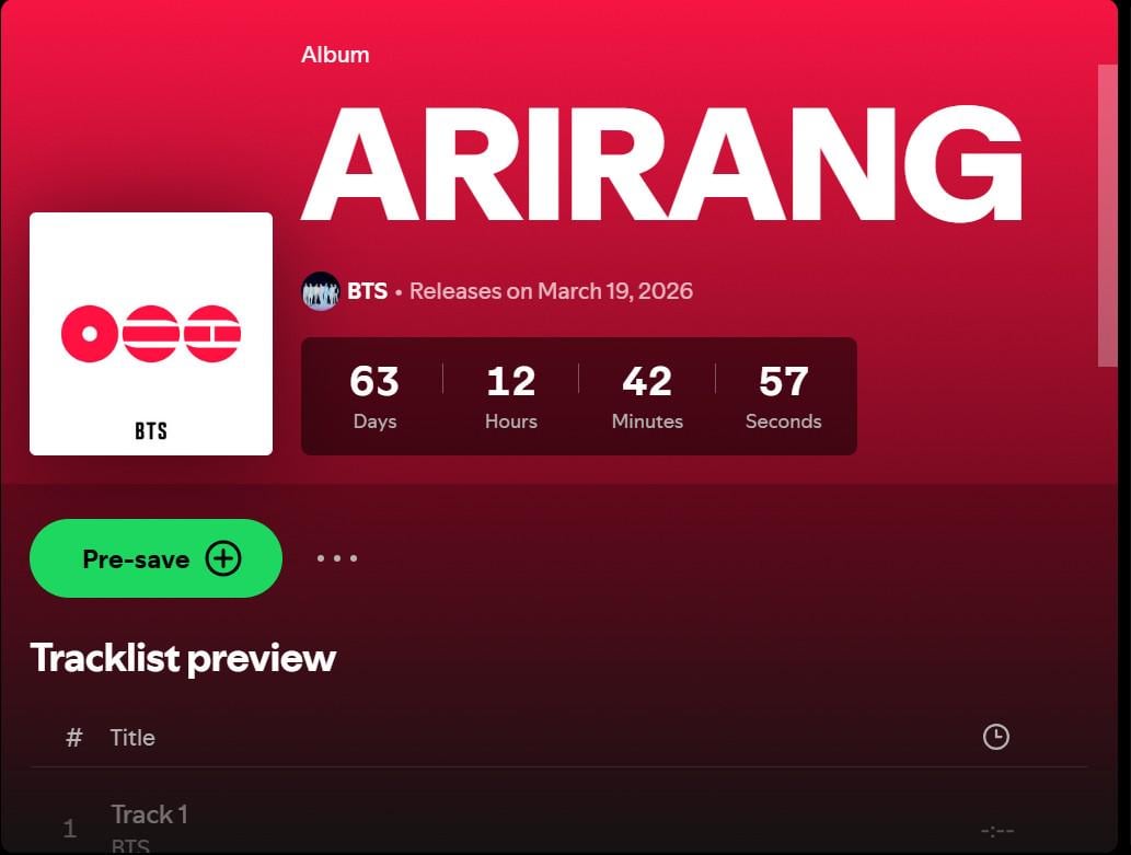 BTS' The 5th Album “ARIRANG” is now available to pre-save on Spotify - 160126