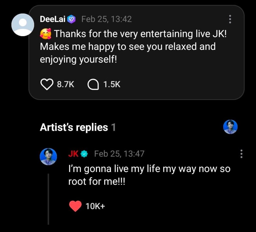 Jungkook Weverse comments (replies 1-5)