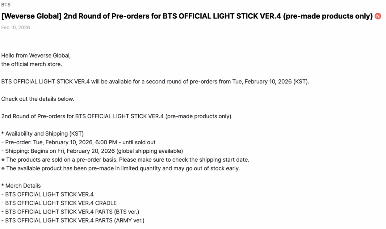 [Weverse Global] 2nd Round of Pre-orders for BTS OFFICIAL LIGHT STICK VER.4 (pre-made products only) - 100226