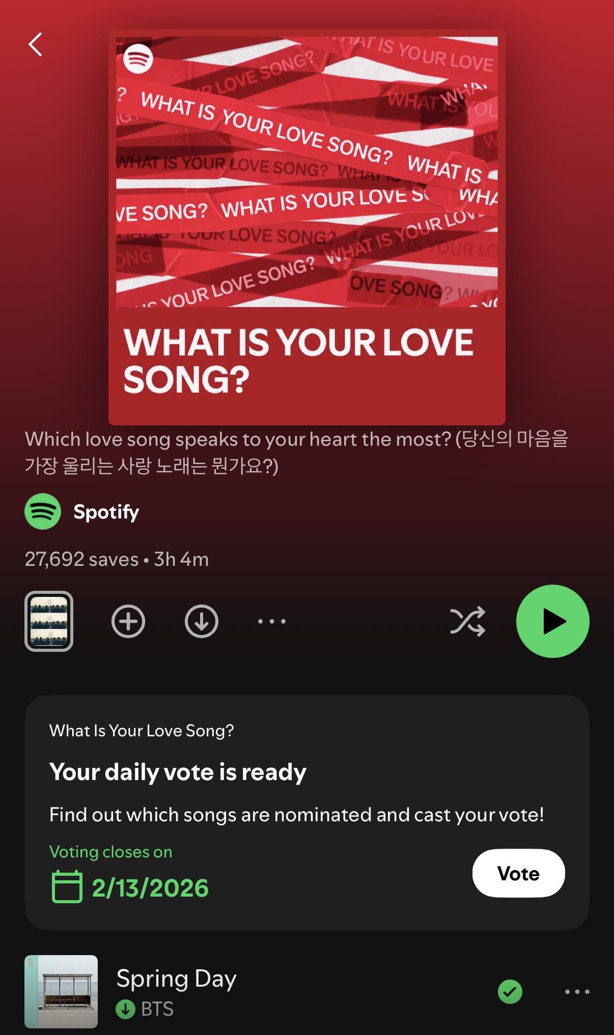 260211 'What Is Your Love Song' playlist with a poll to vote on has appeared on Spotify