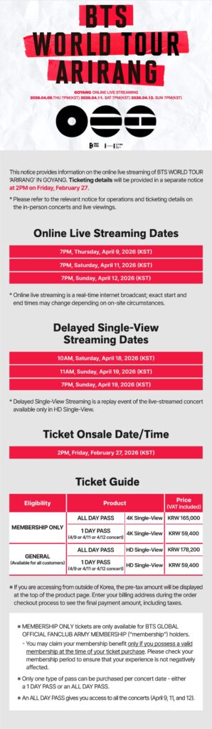 260212 [NOTICE] BTS WORLD TOUR ‘ARIRANG’ IN GOYANG Online Live Streaming and GOYANG & TOKYO: Live Viewing