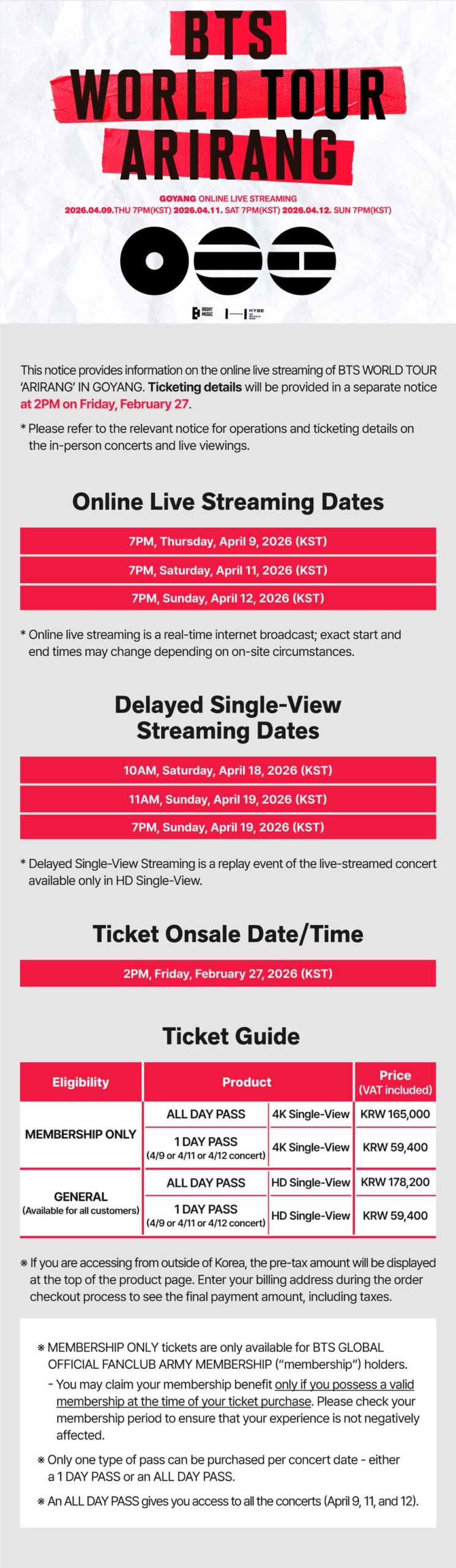 [NOTICE] BTS ‘ARIRANG’ IN GOYANG Online Live Streaming and GOYANG & TOKYO LIVE VIEWING - 120226