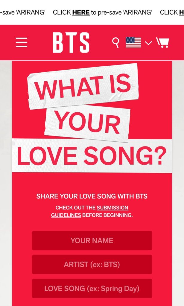260214 BTS US Store: “What Is Your Love Song?” Share your love song with BTS