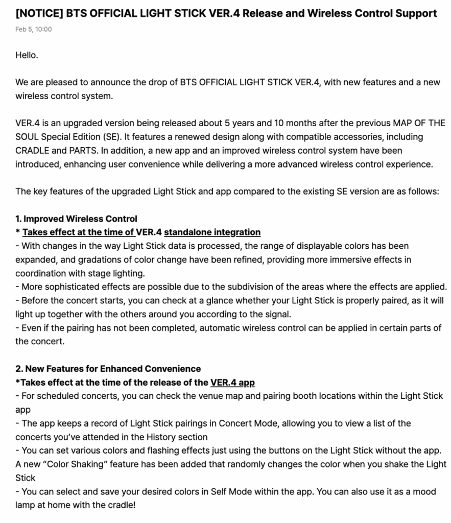 [NOTICE] BTS OFFICIAL LIGHT STICK VER.4 Release and Wireless Control Support - 050226