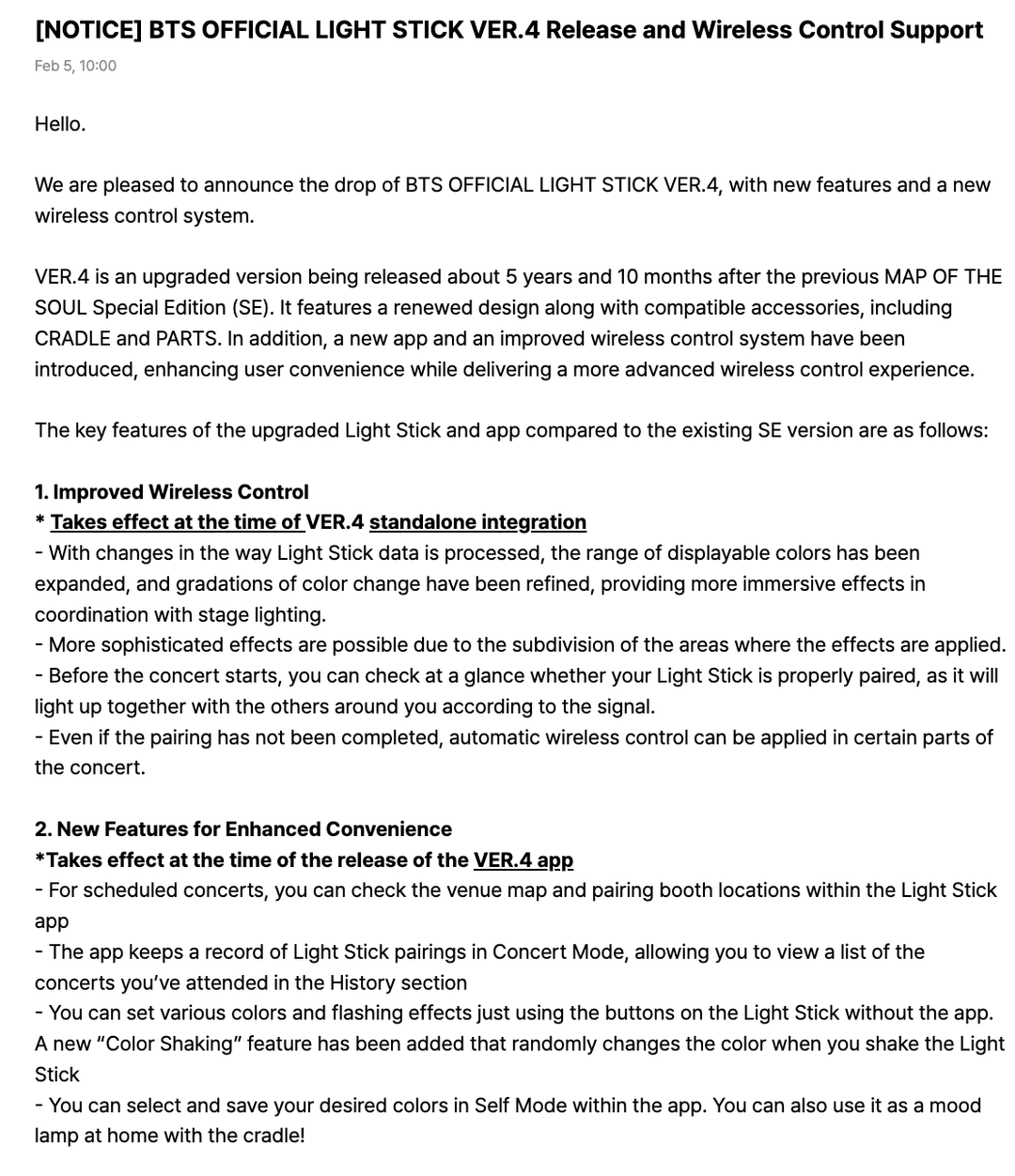 [NOTICE] BTS OFFICIAL LIGHT STICK VER.4 Release and Wireless Control Support - 050226