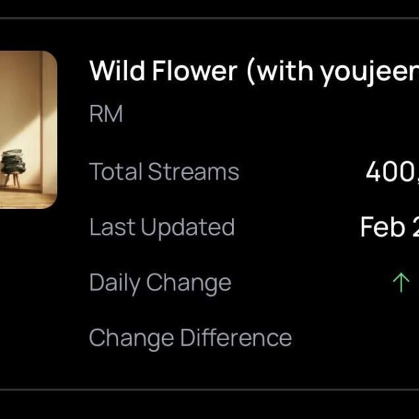 260224 Spotify Milestone: ‘Wildflower’ by RM ft. Youjeen surpasses 400M streams on Spotify