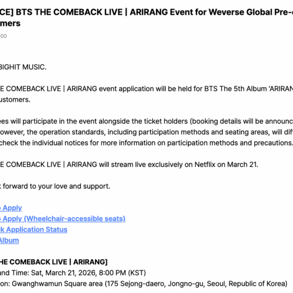 [NOTICE] BTS THE COMEBACK LIVE | ARIRANG Event for Weverse Global Pre-order Customers - 100226