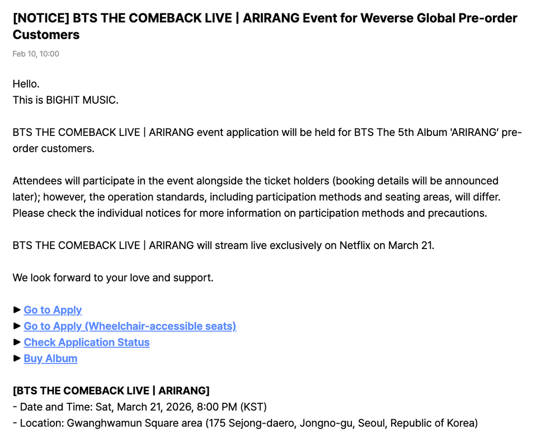 [NOTICE] BTS THE COMEBACK LIVE | ARIRANG Event for Weverse Global Pre-order Customers - 100226