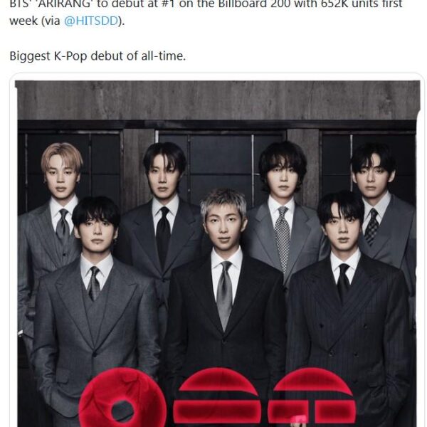 [Chart Data Twitter] BTS' 'ARIRANG' to debut at #1 on the Billboard 200 with 652K units first week (via @HITSDD ). Biggest K-Pop debut of all-time. - 280326
