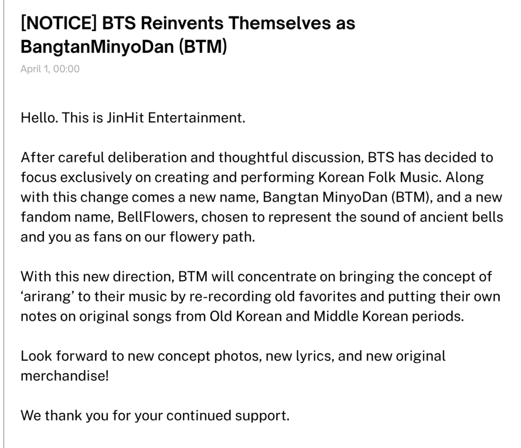 260401 [NOTICE] BTS Reinvents Themselves as Bangtan Minyodan (BTM)