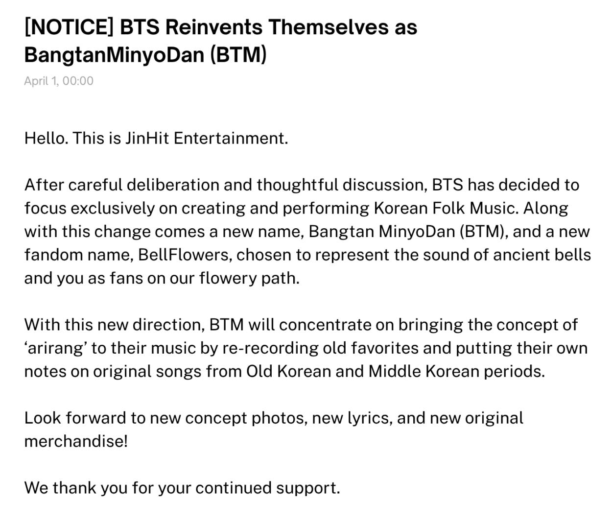 260401 [NOTICE] BTS Reinvents Themselves as Bangtan Minyodan (BTM)