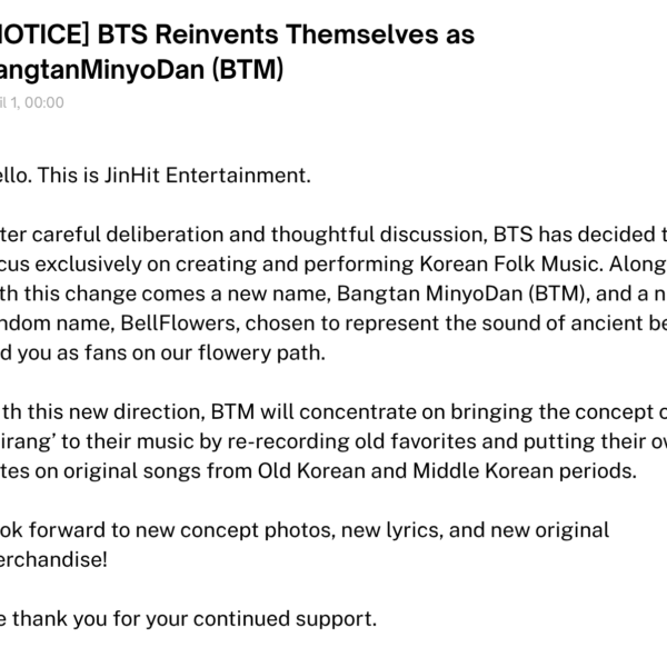 260401 [NOTICE] BTS Reinvents Themselves as Bangtan Minyodan (BTM)