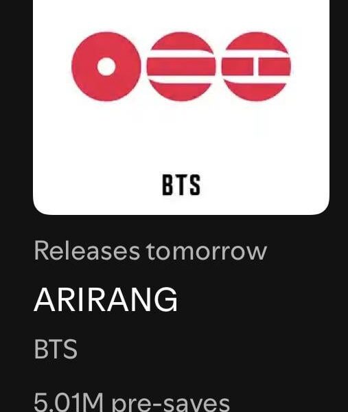 260320 Spotify Milestone: ‘ARIRANG’ by BTS surpasses 5 Million pre-saves on Spotify