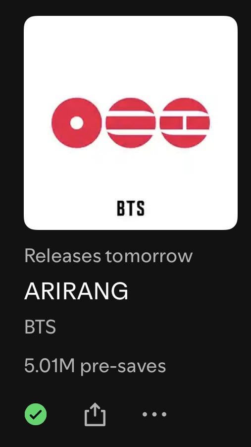 260320 Spotify Milestone: ‘ARIRANG’ by BTS surpasses 5 Million pre-saves on Spotify