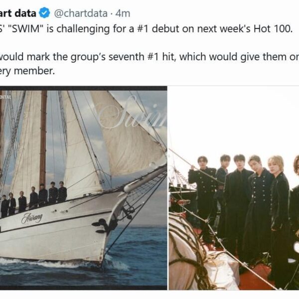 [Chart Data Twitter] BTS' "SWIM" is challenging for a #1 debut on next week's Hot 100. It would mark the group’s seventh #1 hit, which would give them one for every member. - 250326