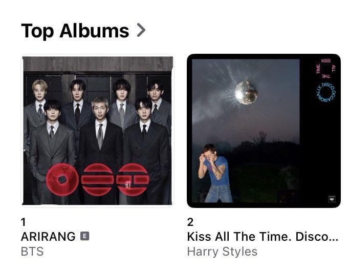 BTS' 'ARIRANG' becomes the first K-Pop album in history to reach #1 on US Apple Music on release day. - 210326
