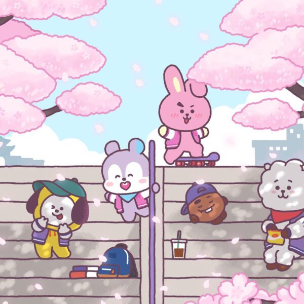 260326: BT21 on Twitter - Spring warmth through the drifting petals 🌸