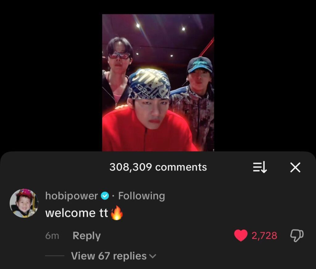 Hobi’s comment on Taehyung’s TikTok video - 250326