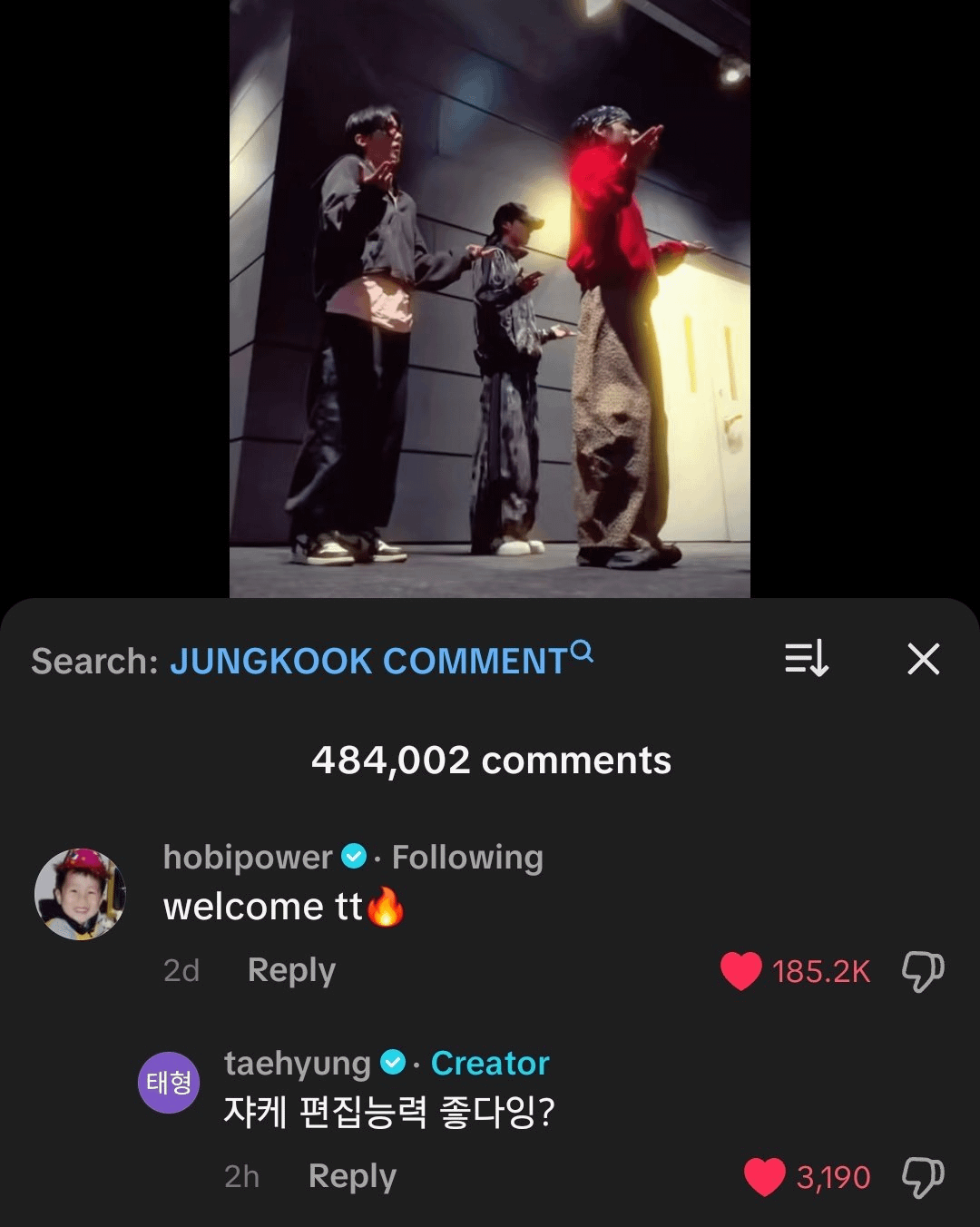 Taehyung's reply to Hobi's comment on his TikTok video - 270326