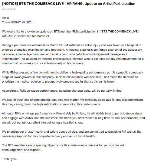 [NOTICE] BTS THE COMEBACK LIVE | ARIRANG: Update on Artist Participation - 200326