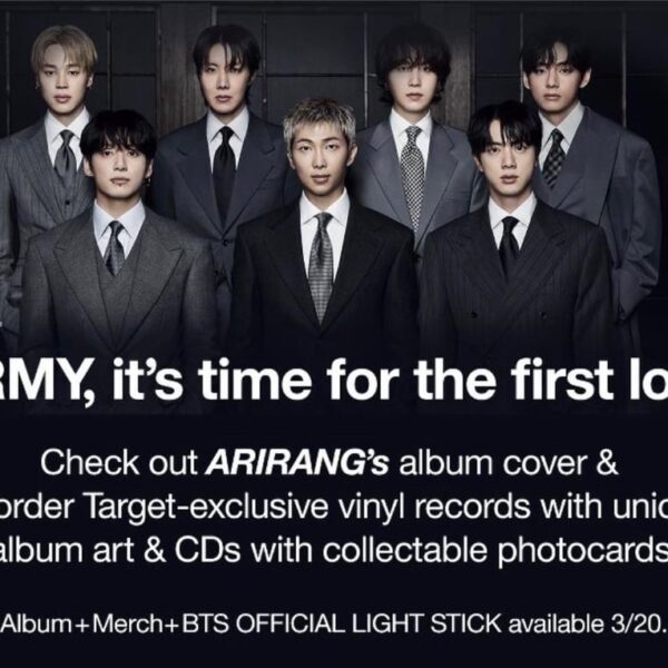 260312 Target will be selling exclusive ARIRANG vinyls, CDs, merchandise, and the new light stick. Items will be available beginning March 20 (per Target website)