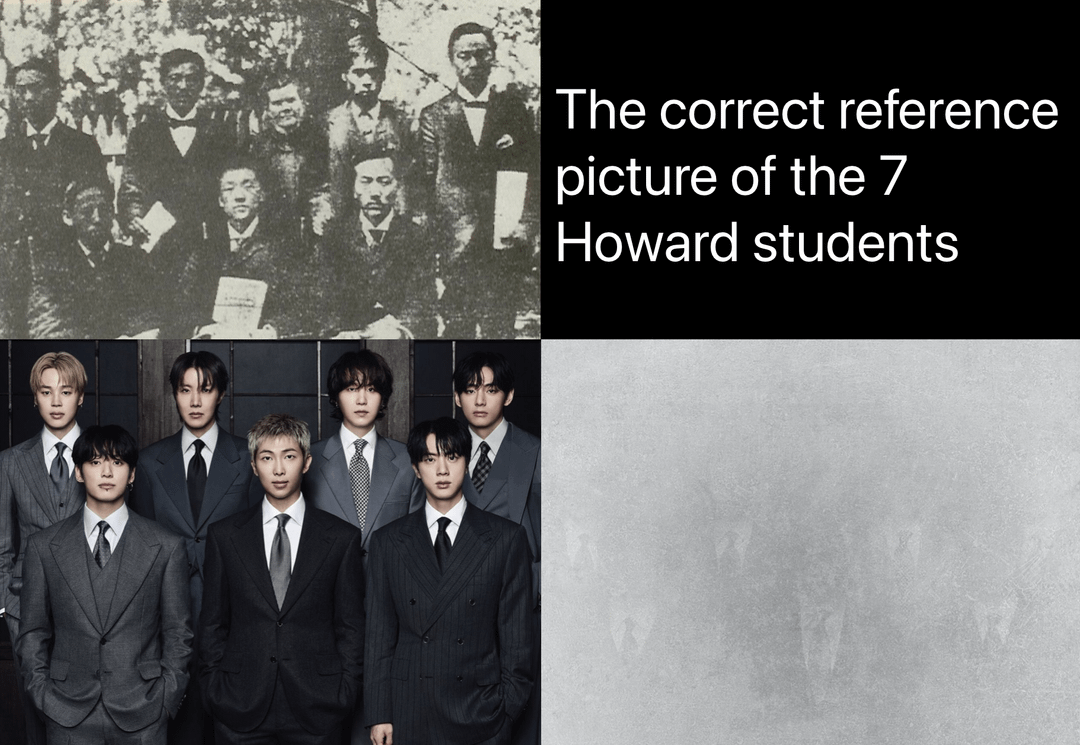 This is the picture of the 7 Korean Howard students that the Arirang suit images actually references. The blurriness is referenced in grayed out version. It was found by Robert Provine, the leading expert on the students/wax cylinders