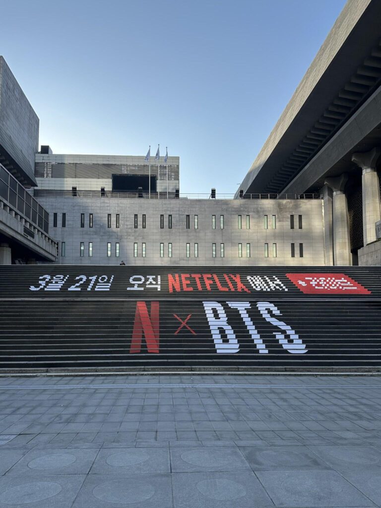 “BTS THE COMEBACK LIVE | ARIRANG” ad spotted on the stairs of Sejong Cultural Center in Seoul - 070326