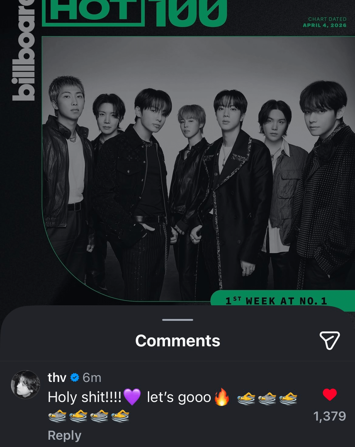 Taehyung's comment on Billboard's IG Post 310326