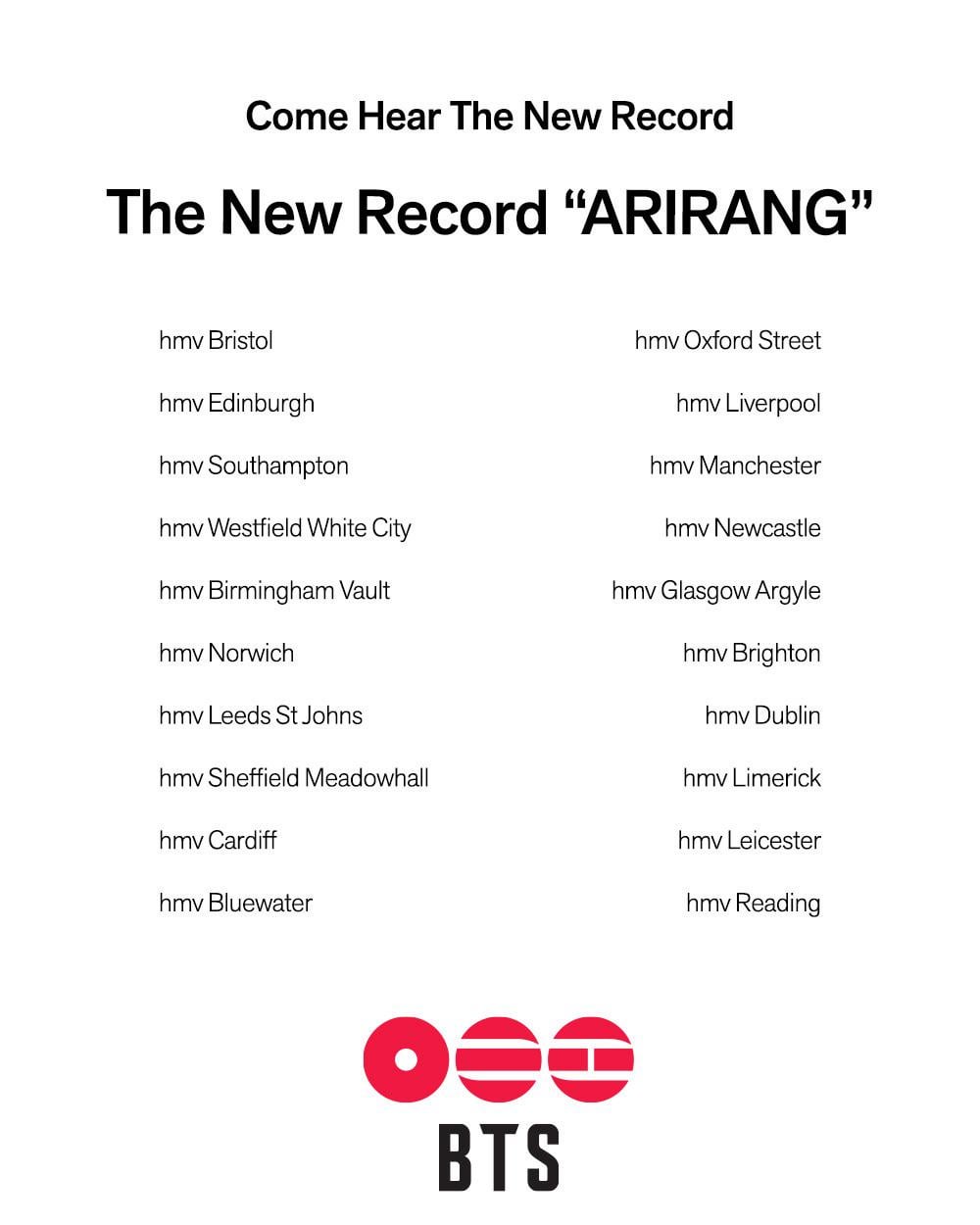 260313 HMV on Twitter: We’re celebrating the release of ARIRANG with special album release events taking place in selected hmv stores.