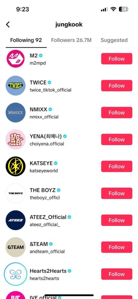 Jungkook now follows the entire Kpop industry on TikTok 270326