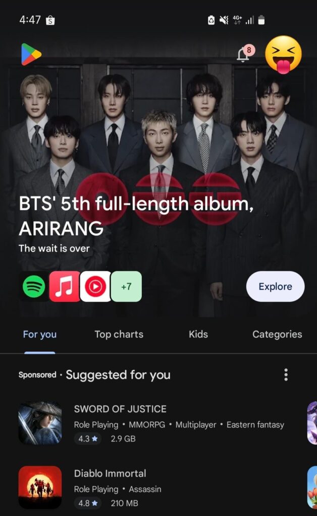 Google Play Ad for BTS' Arirang Album