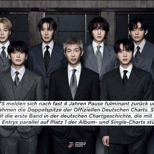 BTS makes German chart history as the first group to debut simultaneously at #1 on the Album Chart with Arirang and #1 on the Official Singles Chart with Swim 280326