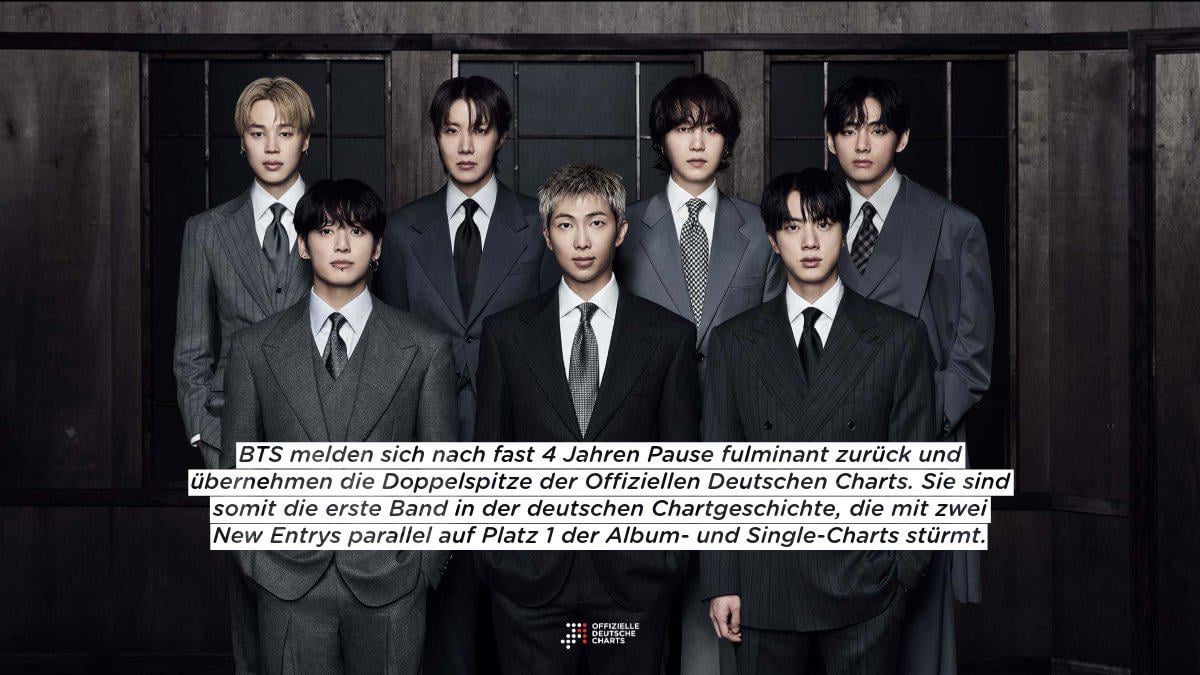 BTS makes German chart history as the first group to debut simultaneously at #1 on the Album Chart with Arirang and #1 on the Official Singles Chart with Swim 280326
