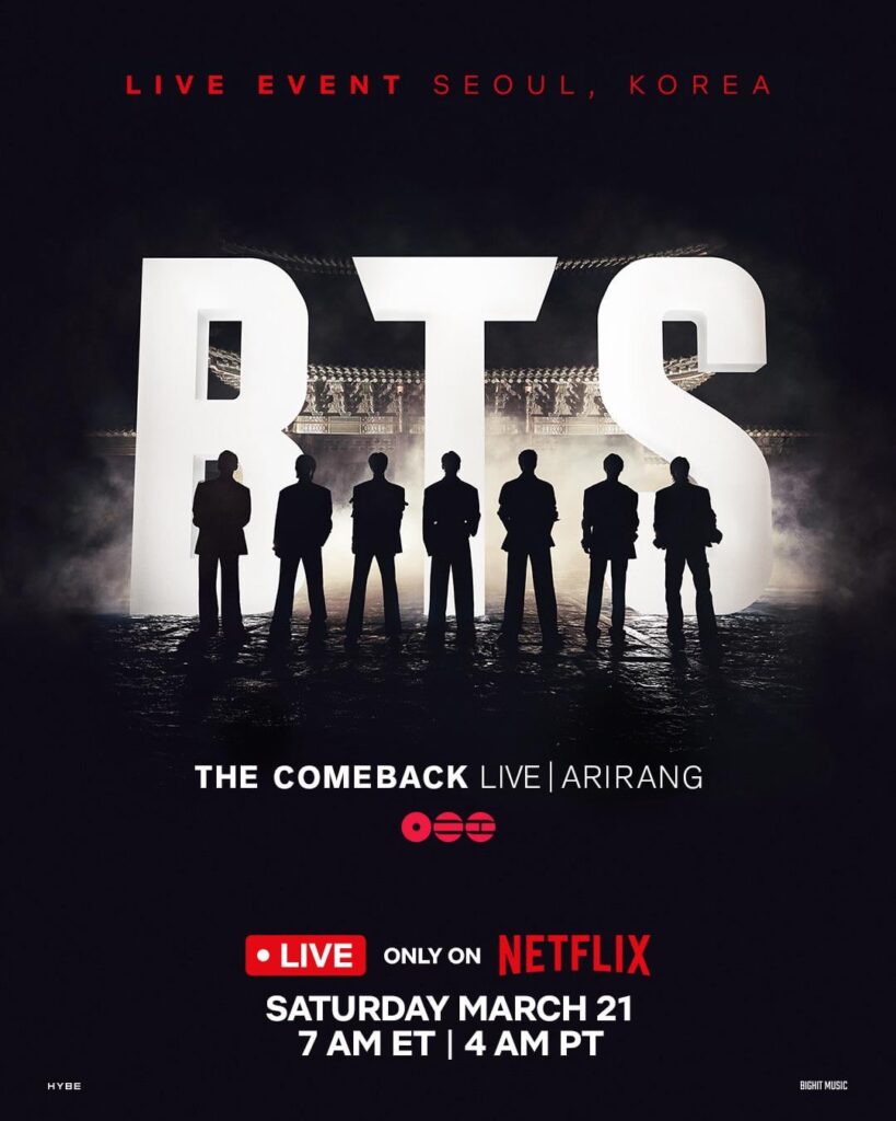 [Netflix] ARMY are you ready? BTS THE COMEBACK LIVE | ARIRANG. March 21 8pm KST / 4am PT. LIVE worldwide exclusively on Netflix. - 050326