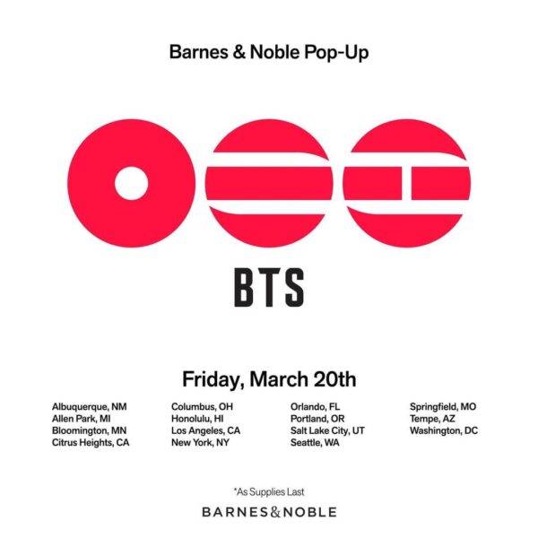 260308 Barnes & Noble on Instagram: ARMY! Come join us at our BTS pop-ups at select locations on Friday, March 20th in celebration of the release of ARIRANG!