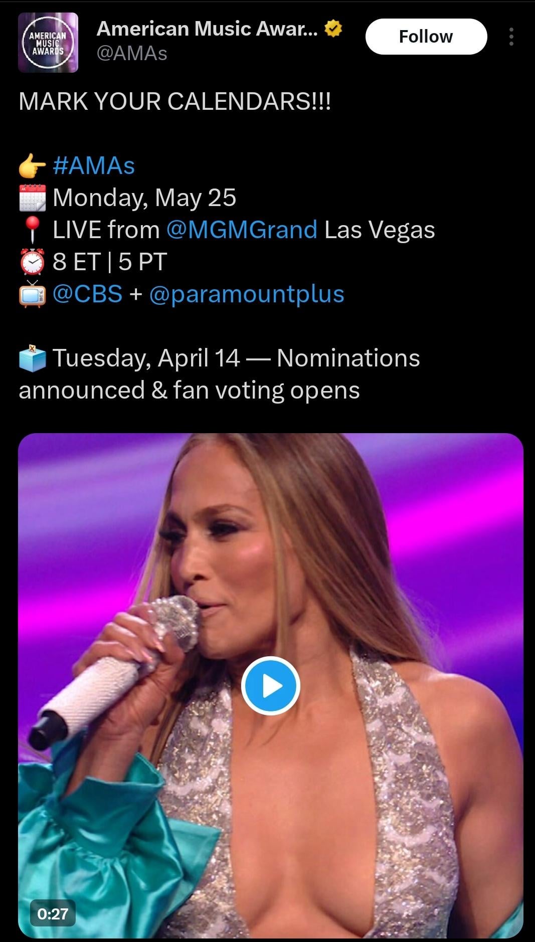 Just in - the AMAs will be occurring on May 25th in Las Vegas, the day after BTS' first round of Vegas shows