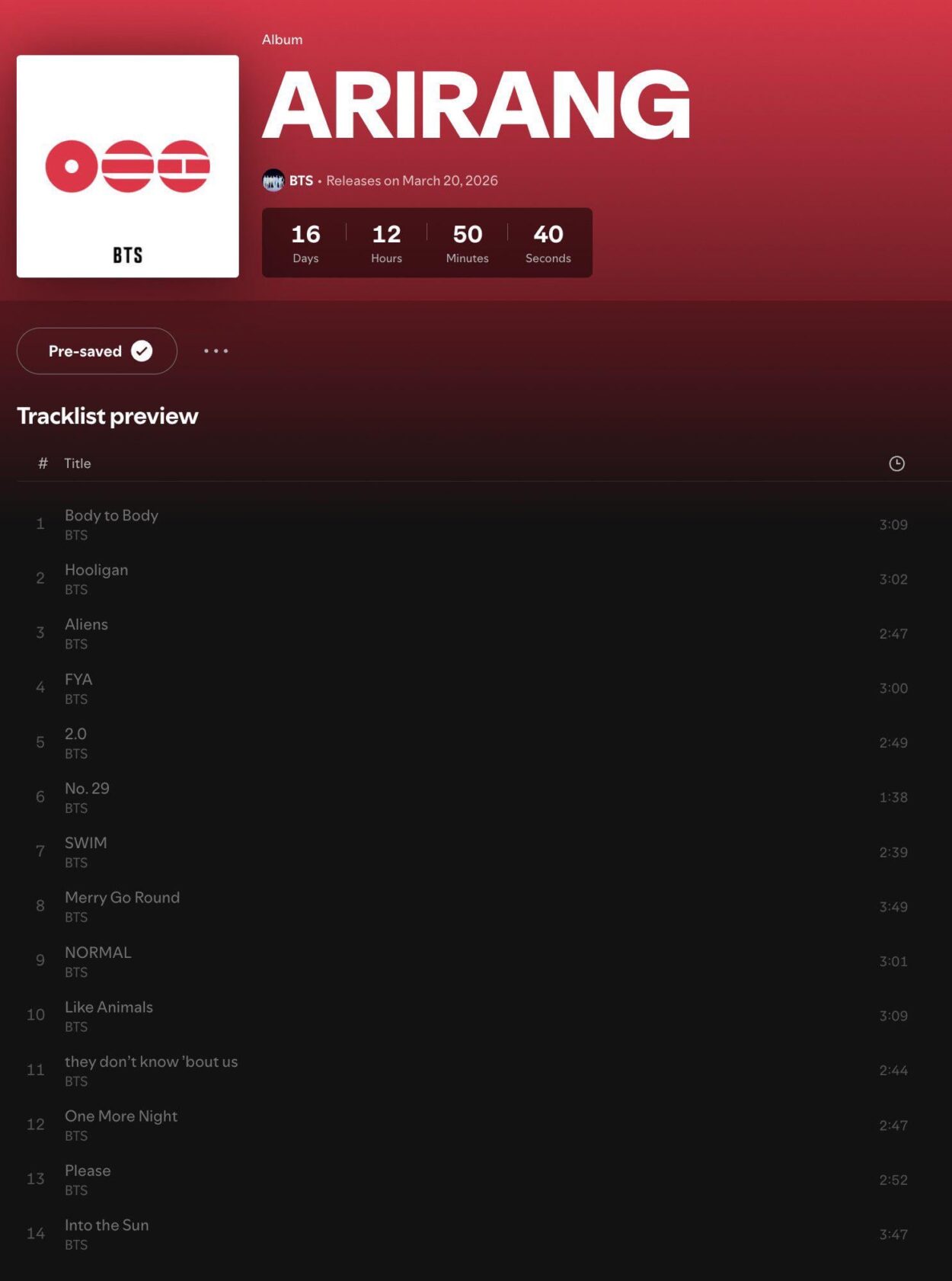 ARIRANG’s Tracklist has been released on Spotify - 040326