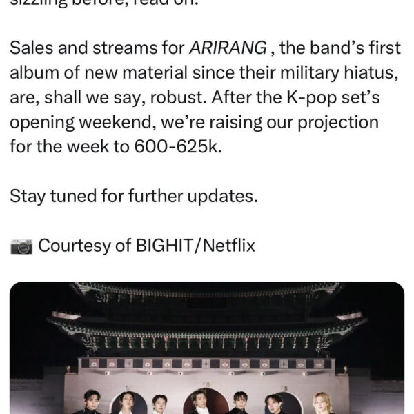HITSDD reports that BTS’ “ARIRANG” is now on pace to debut with at least 600-625K sales in the US