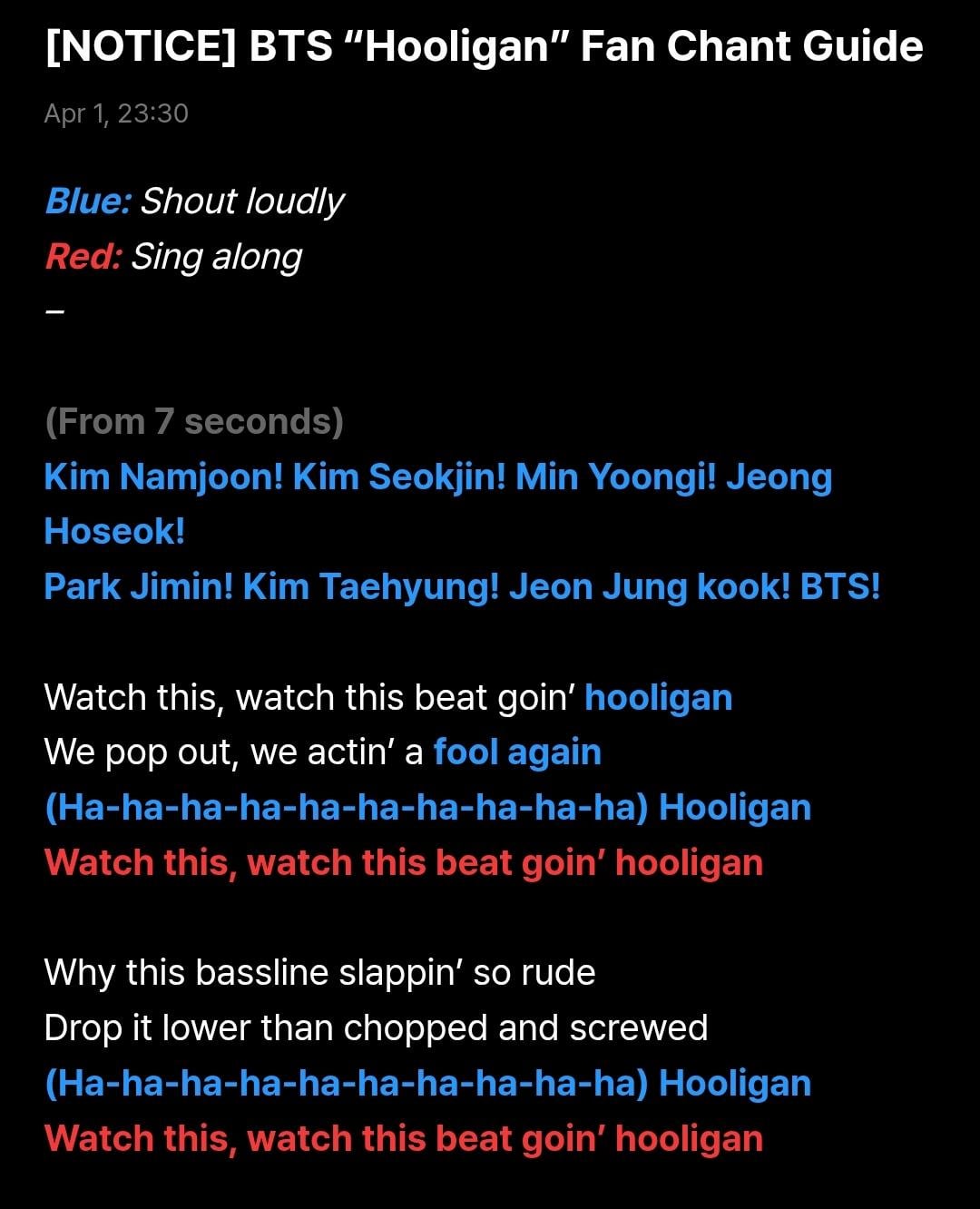 According to the official fanchant guide, BTS wants us to do the laughs in Hooligan