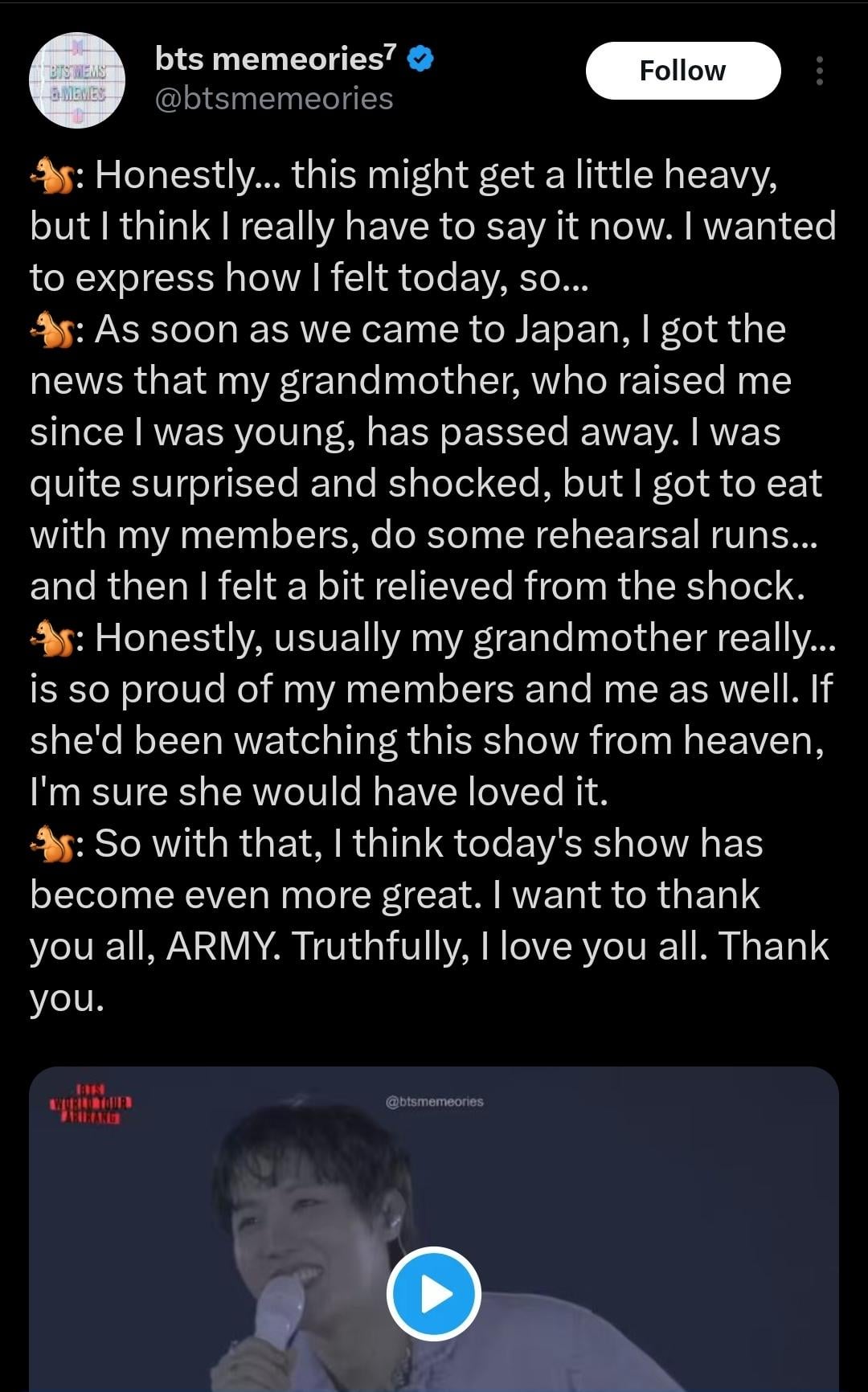 Hoseok shares that he received news of his grandmother's passing after arriving to Japan