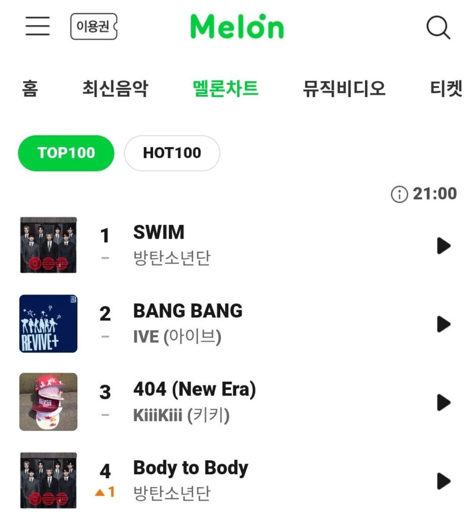“Body to Body” by BTS rise to 4(+1) on Melon Top 100 Chart