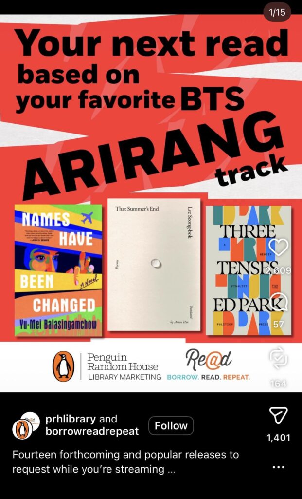 PRH and Borrow, Read, Repeat posted a list of books on instagram matched to Arirang tracks