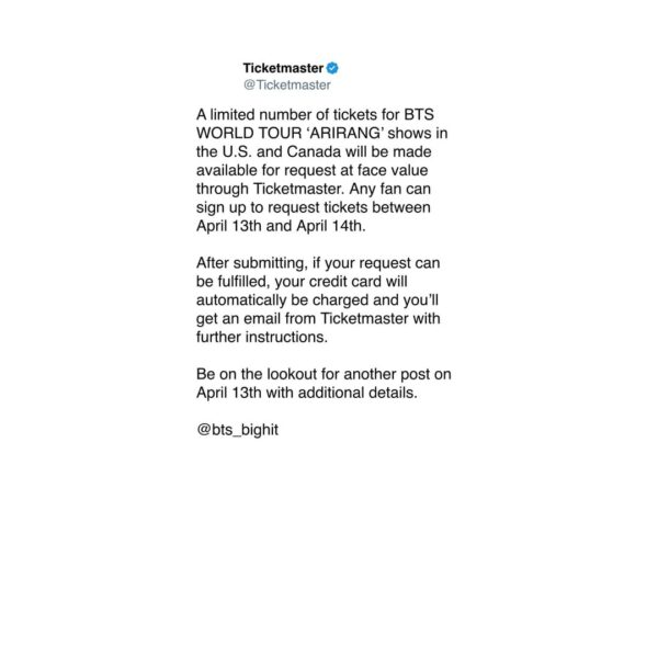 260406 Ticketmaster on X/Twitter: Announcement regarding additional ARIRANG tickets for US and Canada tour dates