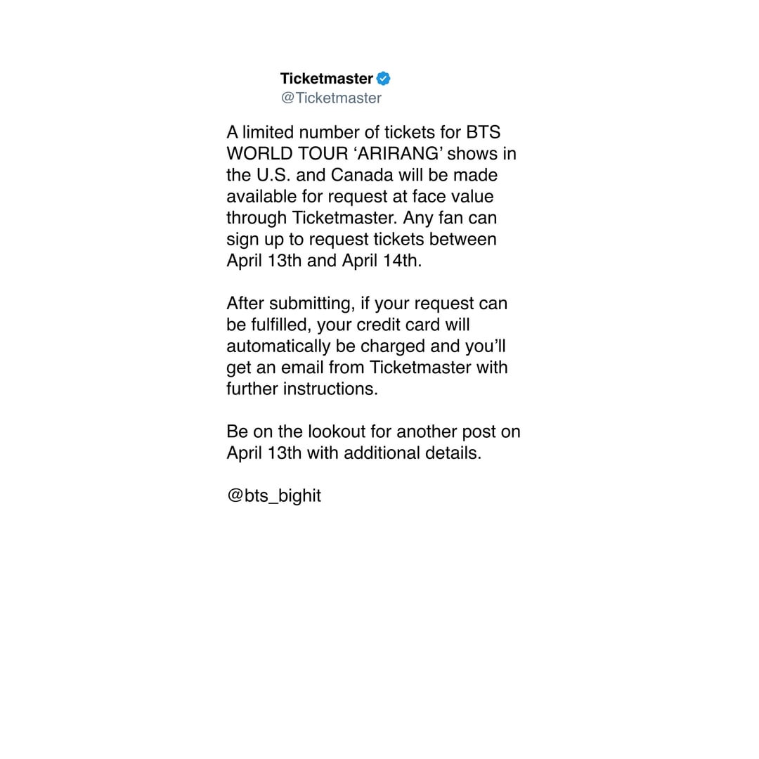 260406 Ticketmaster on X/Twitter: Announcement regarding additional ARIRANG tickets for US and Canada tour dates