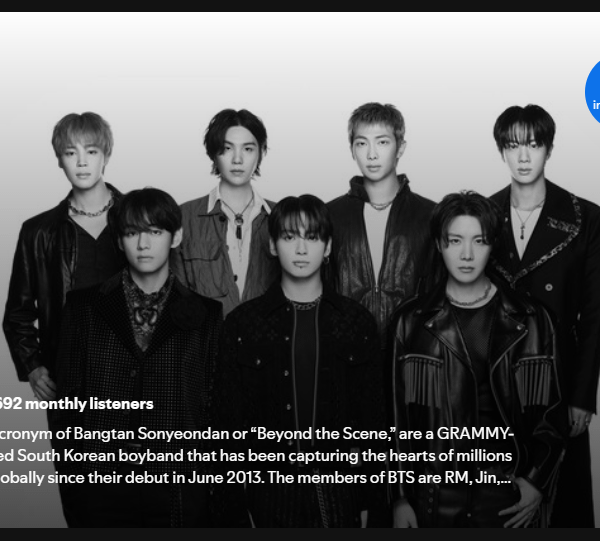260416 Spotify Milestone: BTS reached 46 million monthly listeners