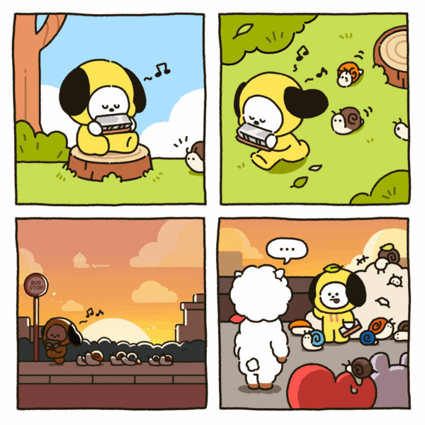 260421 BT21 on Instagram: A melody that even snails couldn’t resist 🐌🎵💛