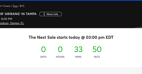260422 - Ticketmaster has an 'On Sale' countdown for Tampa & El Paso BTS shows