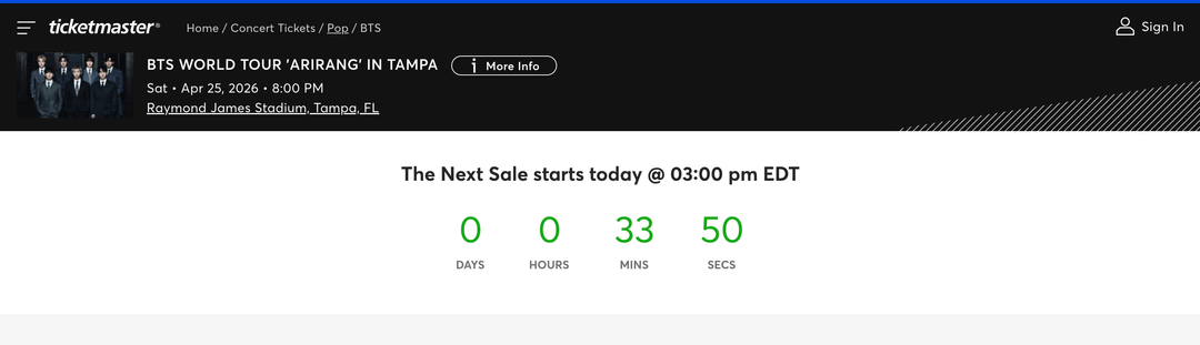 260422 - Ticketmaster has an 'On Sale' countdown for Tampa & El Paso BTS shows