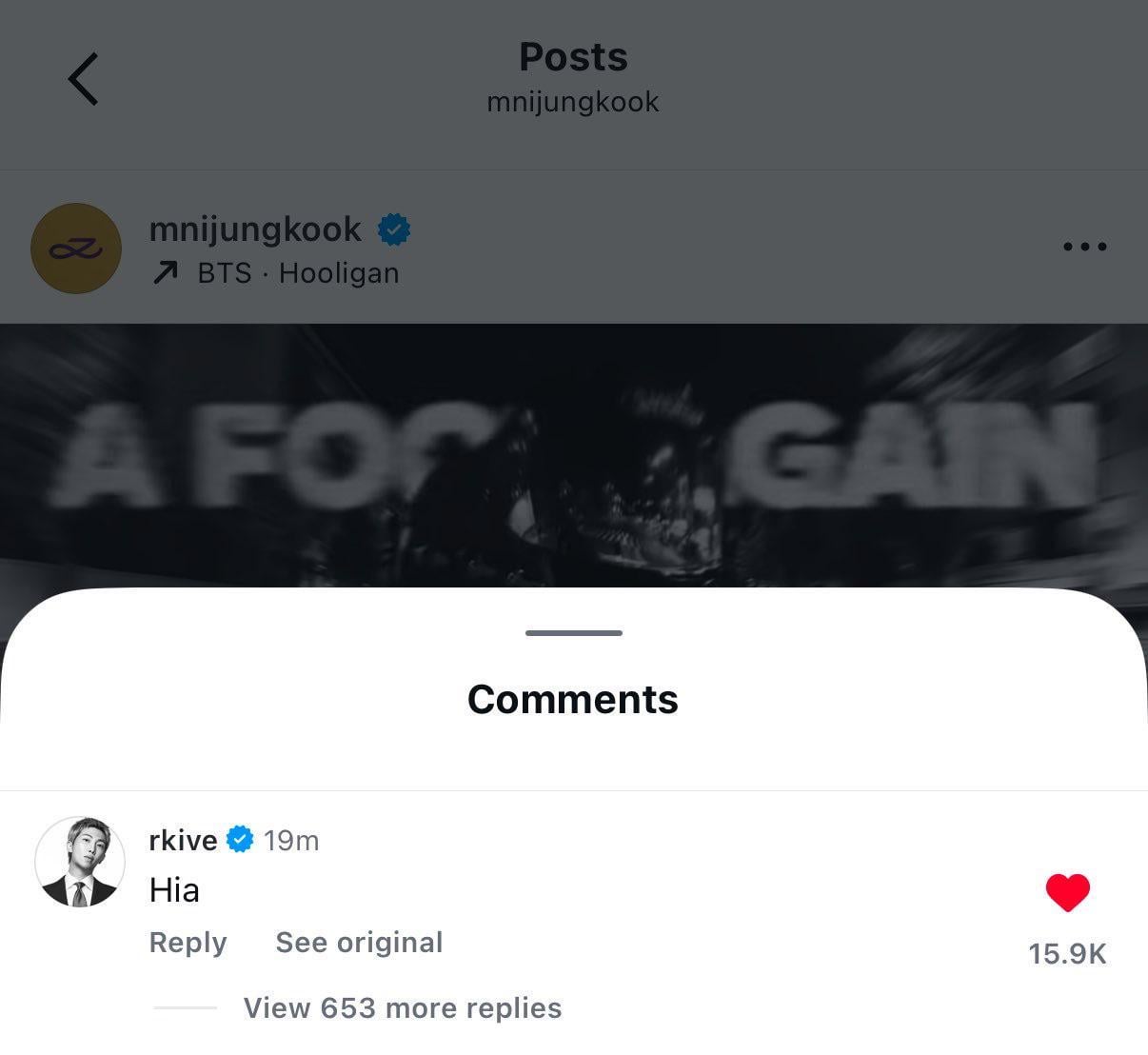 Namjoon’s comment on Jungkook’s Instagram post - 220426